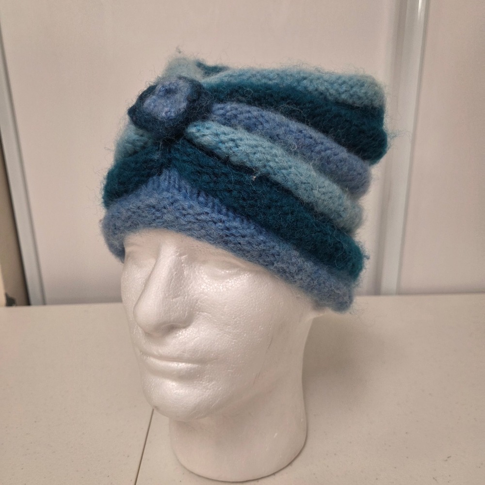 Karma Circle Blue Striped 100% Wool Hand Knit Turban Beanie Hat Made in Nepal